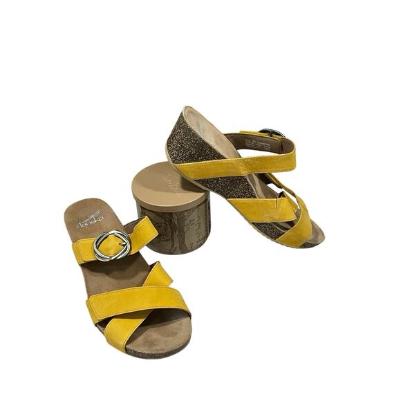 Dansko Susie Yellow Milled Nubuck Cork Wedge Slide Sandal Women 9/EU 40-ADJ Mule - Picture 1 of 11